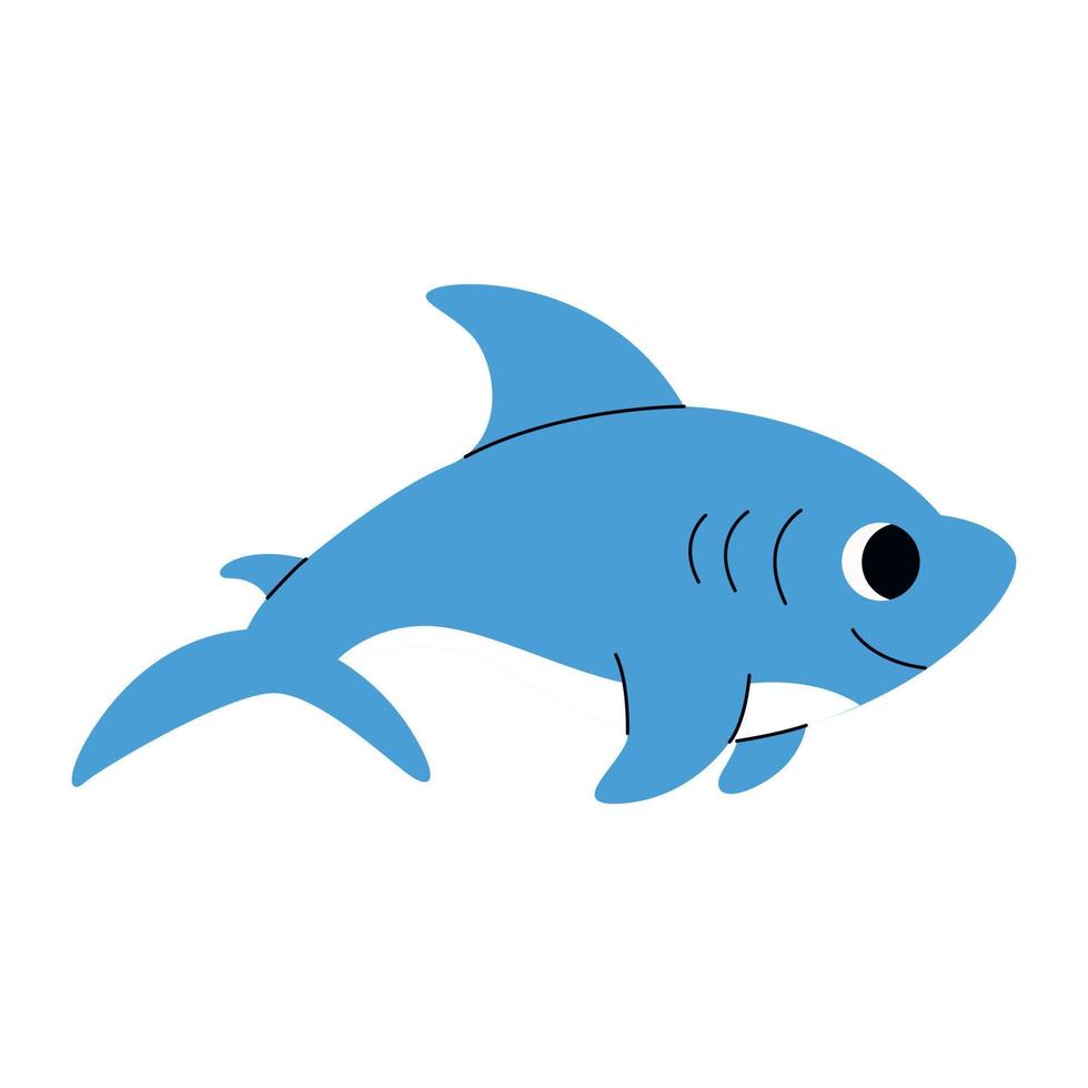 Cute blue shark swimming, marine animal. Giant inhabitants of sea, ocean underwater life. Childish aquatic mammals print for nursery, kids apparel, poster, postcard, pattern. vector