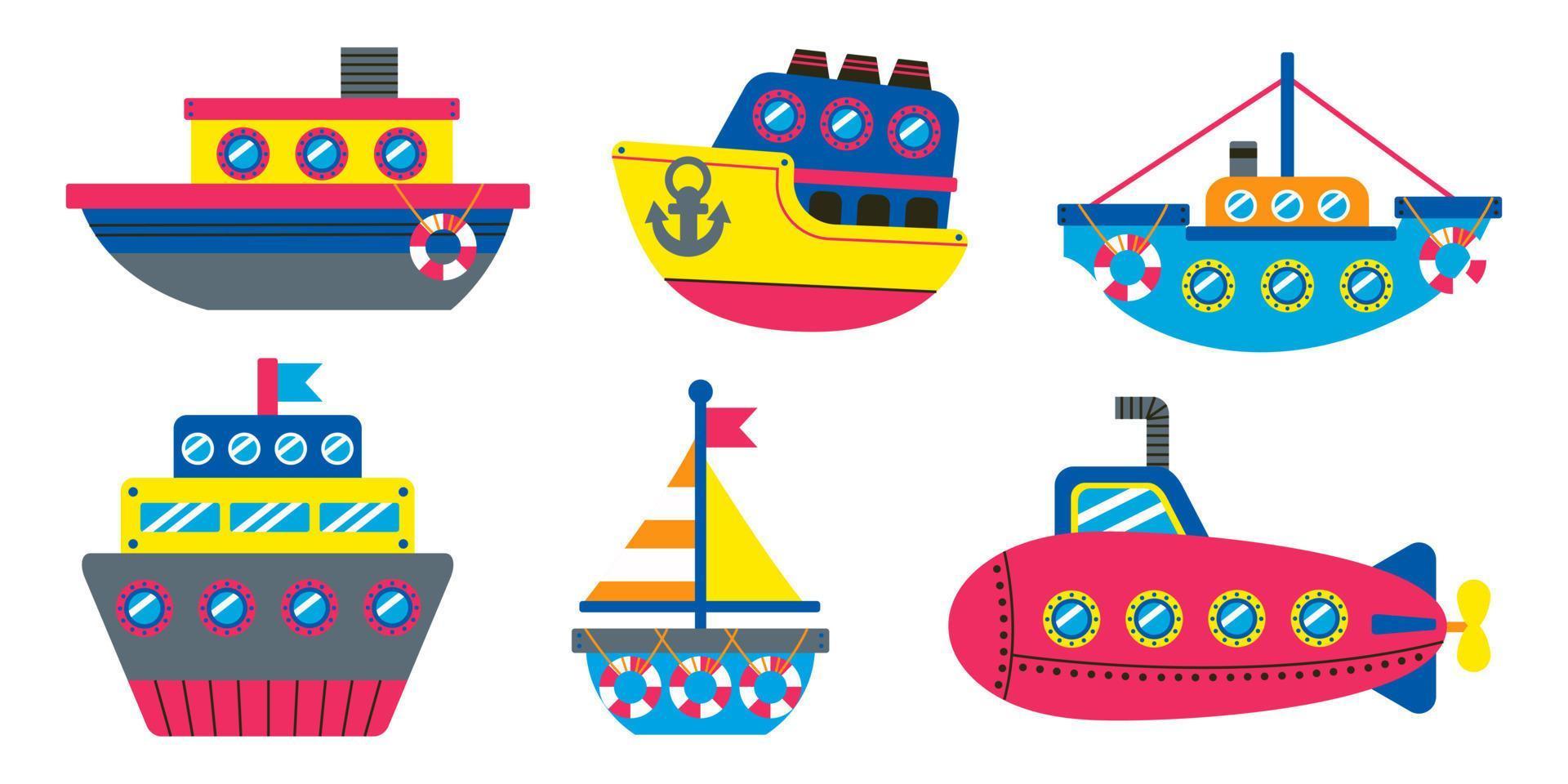 Set of cute sea transport. Cruise yacht, sailing vessel, sailboat, submarine, fishing boat, steamboat. Kids marine water transport. Childish ocean ship, baby nautical trawler. vector