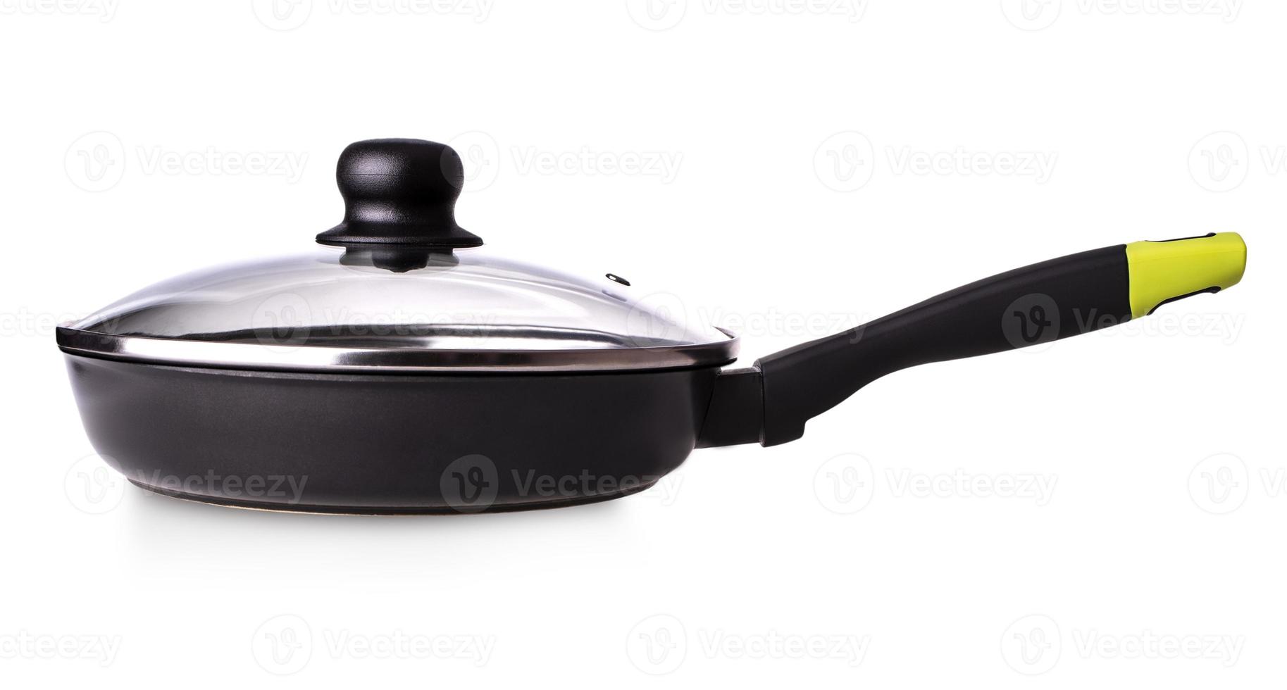 The frying pan with glass can isolated on white background close up photo