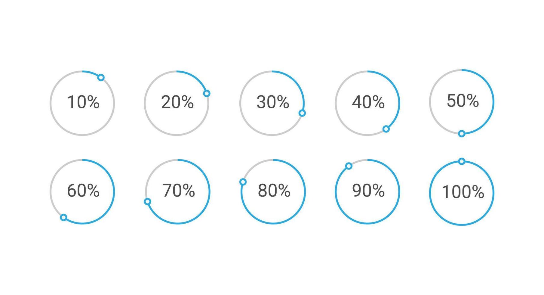 Set of circle percentage diagrams from 10 to 100 for infographic, user interface, web design. vector