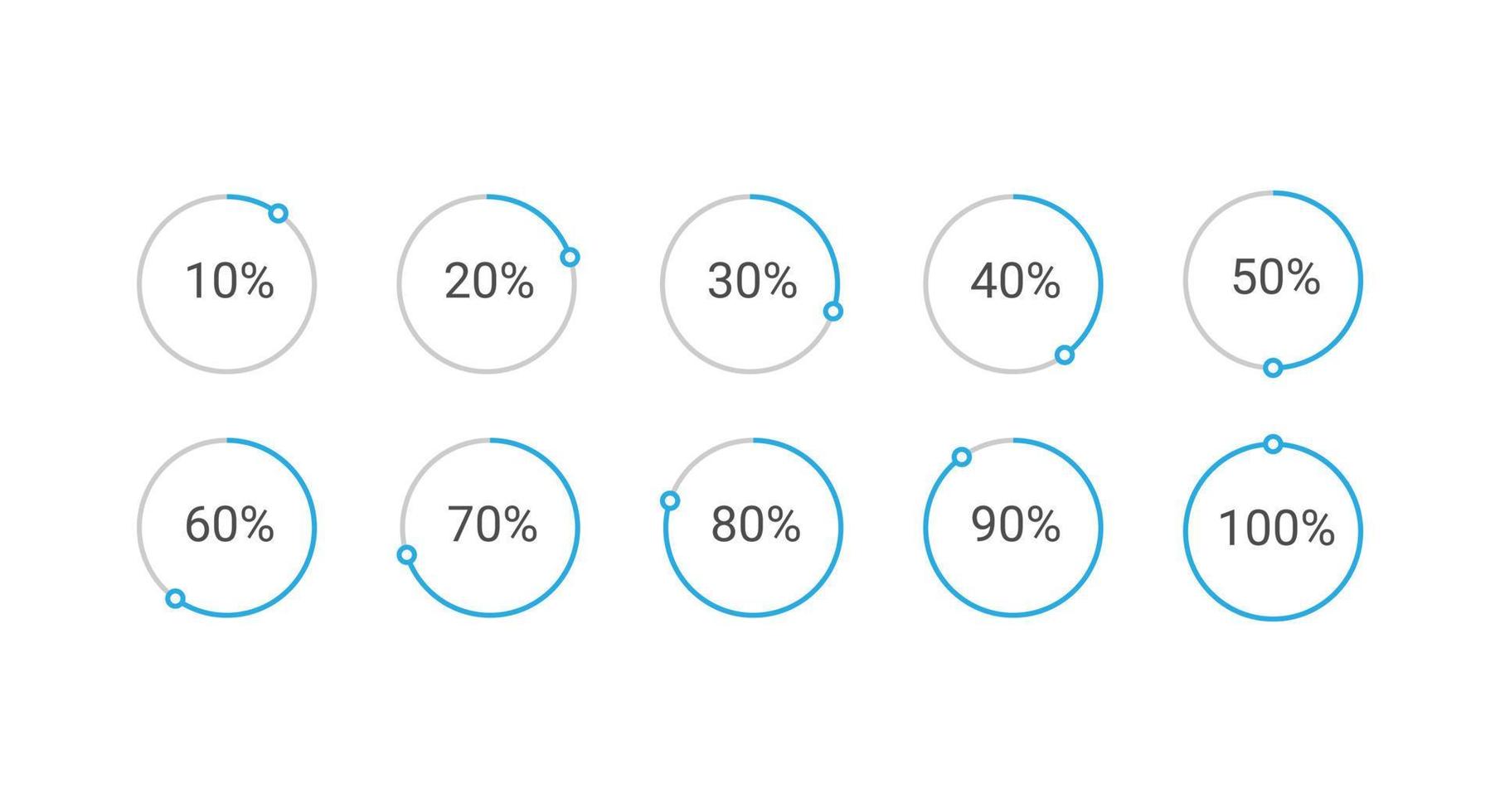 Set of circle percentage diagrams from 10 to 100 for infographic, user interface, web design. vector