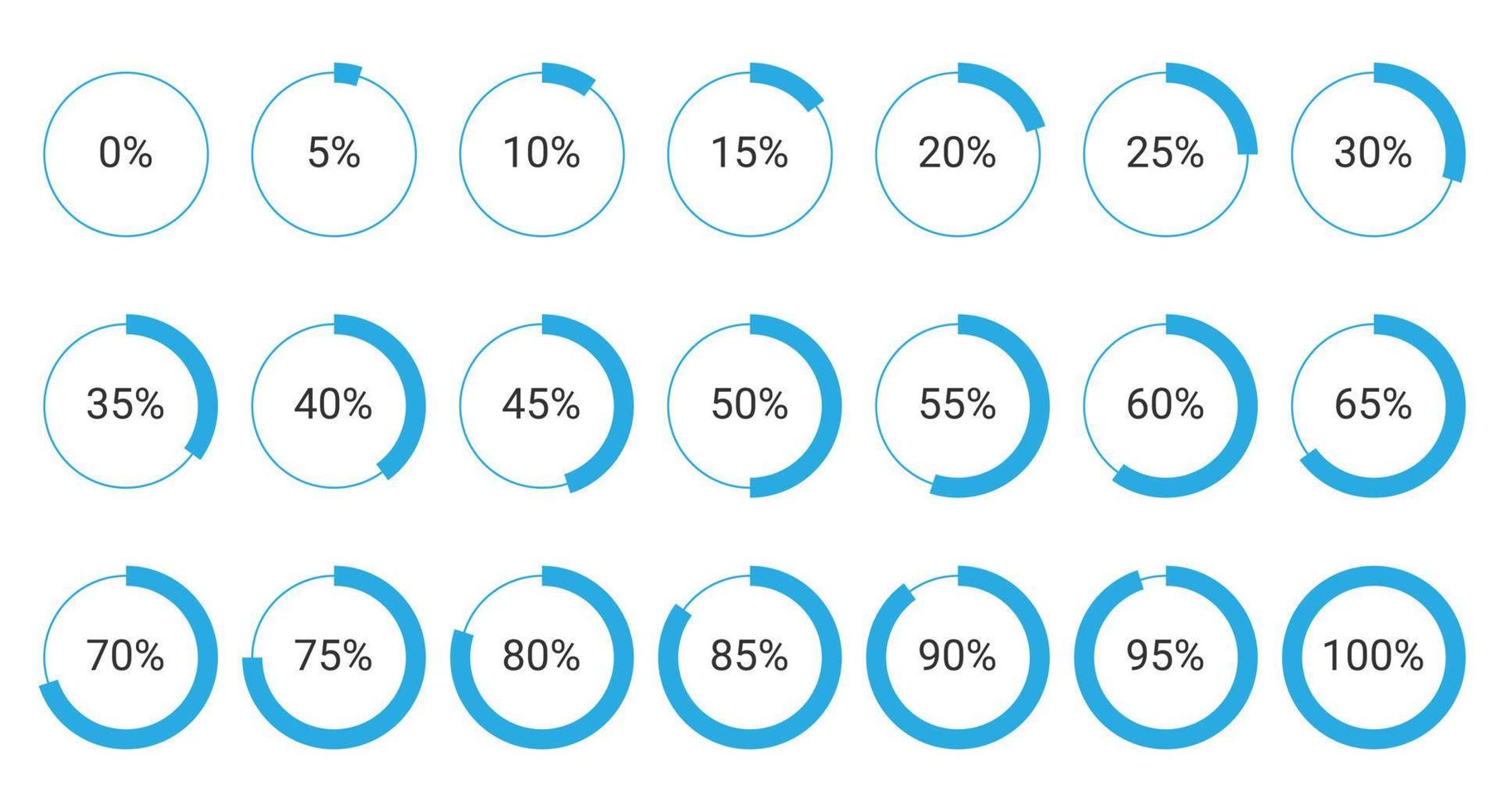 conjunto de diagramas de porcentaje de círculo de 0 a 100 para infografía, ui, diseño web. indicador con azul vector