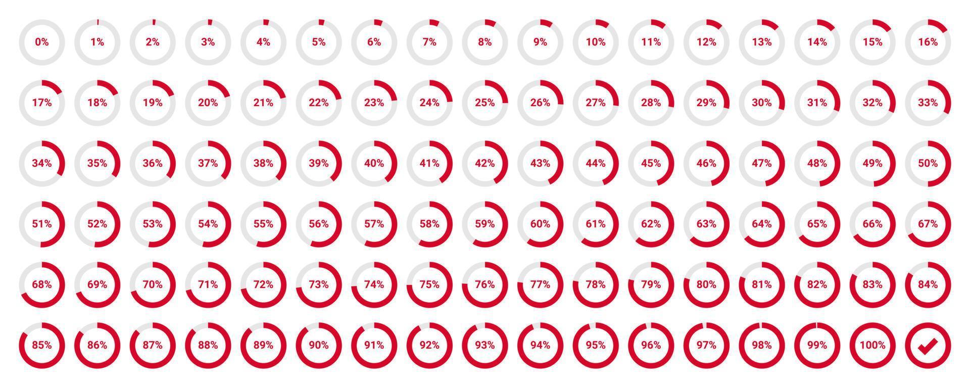 Set of circle percentage diagrams from 0 to 100. Can be used for web design, user interface  or infographic, vector illustration