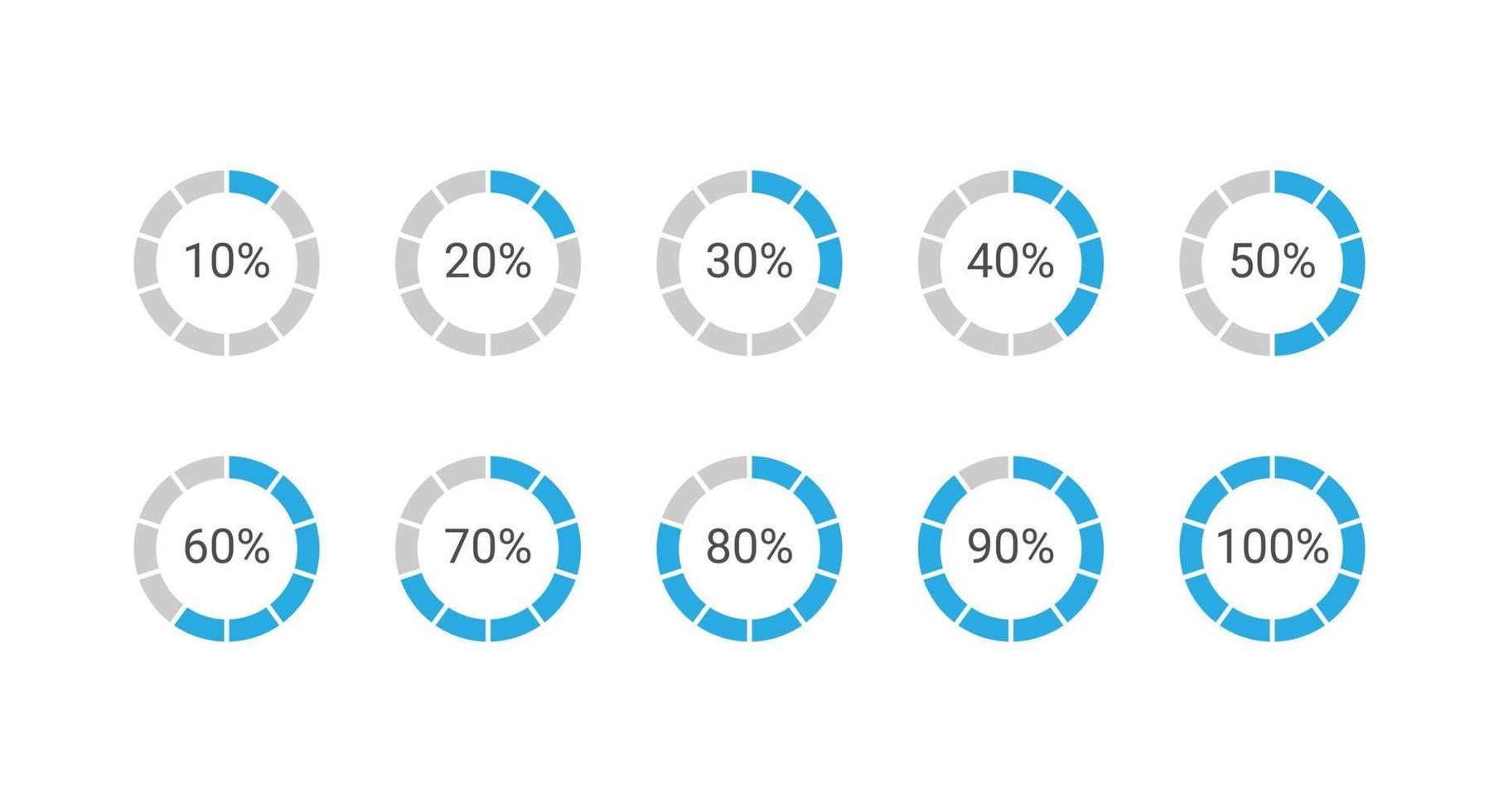 Set of circle percentage diagrams from 10 to 100 for infographic, UI, web design. Indicator with blue vector