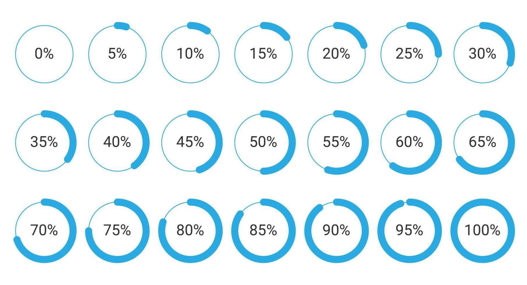 Set of circle percentage diagrams from 0 to 100 for infographic, UI, web design. Indicator with blue vector