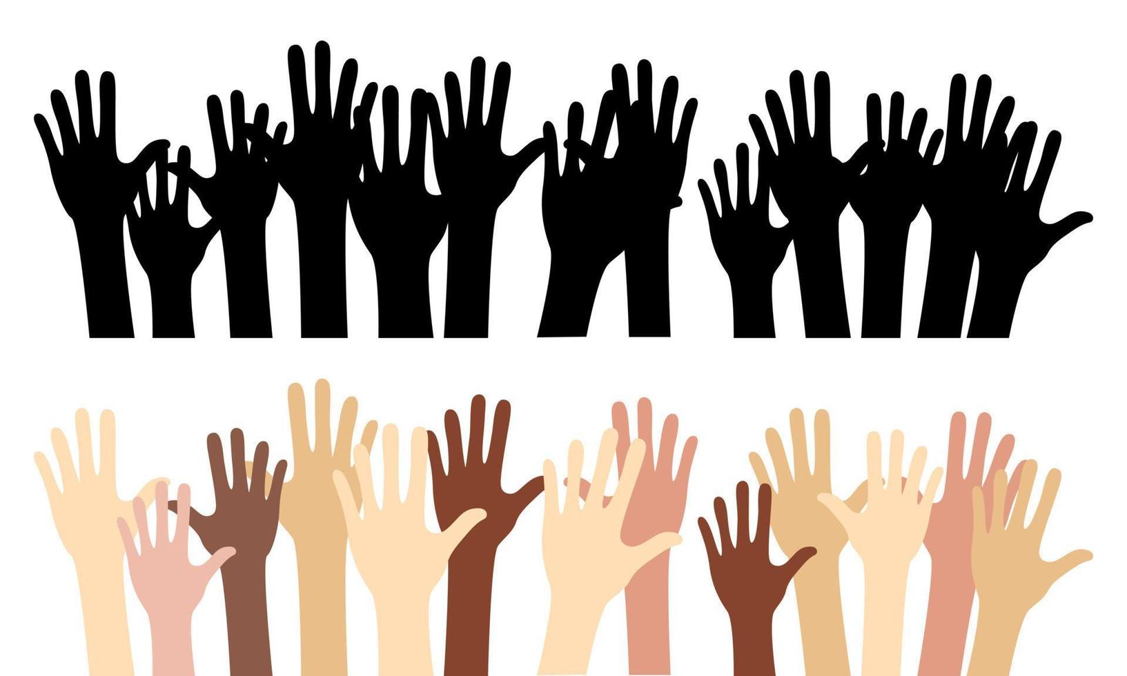 People of different races and colors raised their hands for rights. vector