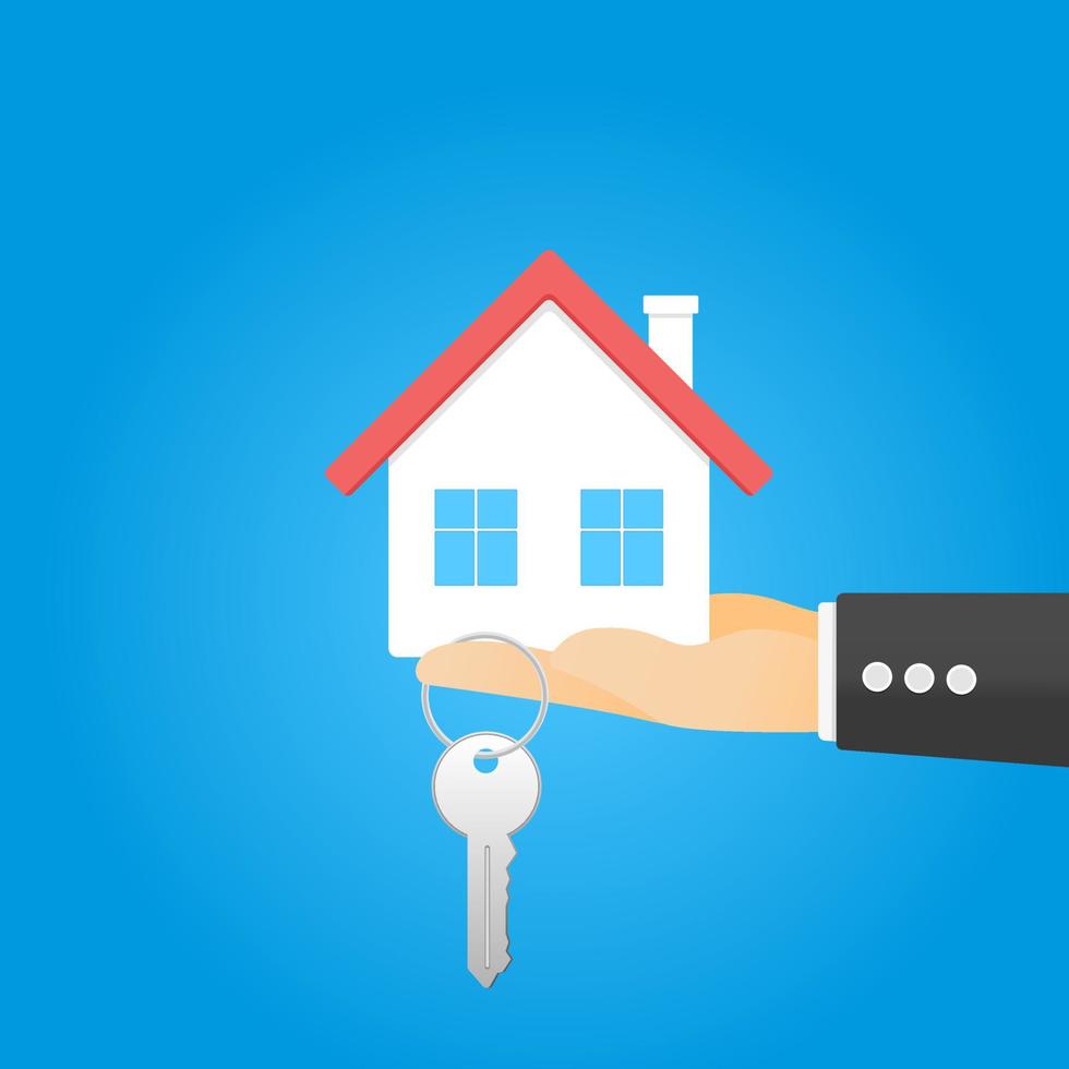 Hand holding house and key. Vector illustration.