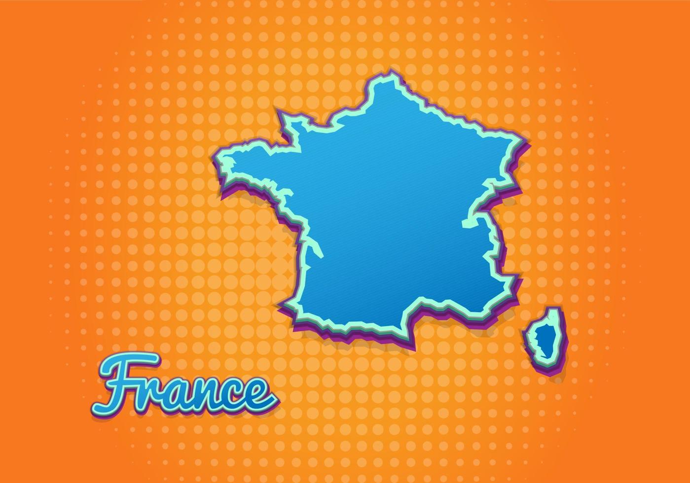 Retro map of france with halftone background. Cartoon map icon in comic book and pop art style. Cartography business concept. Great for kids design,educational game,magnet or poster design. vector