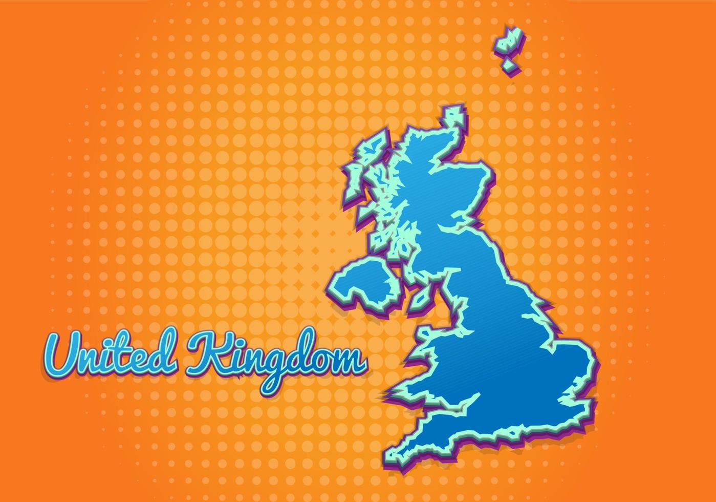 Retro map of United Kingdom with halftone background. Cartoon map icon in comic book and pop art style. Cartography business concept. Great for kids design,educational game,magnet or poster design. vector