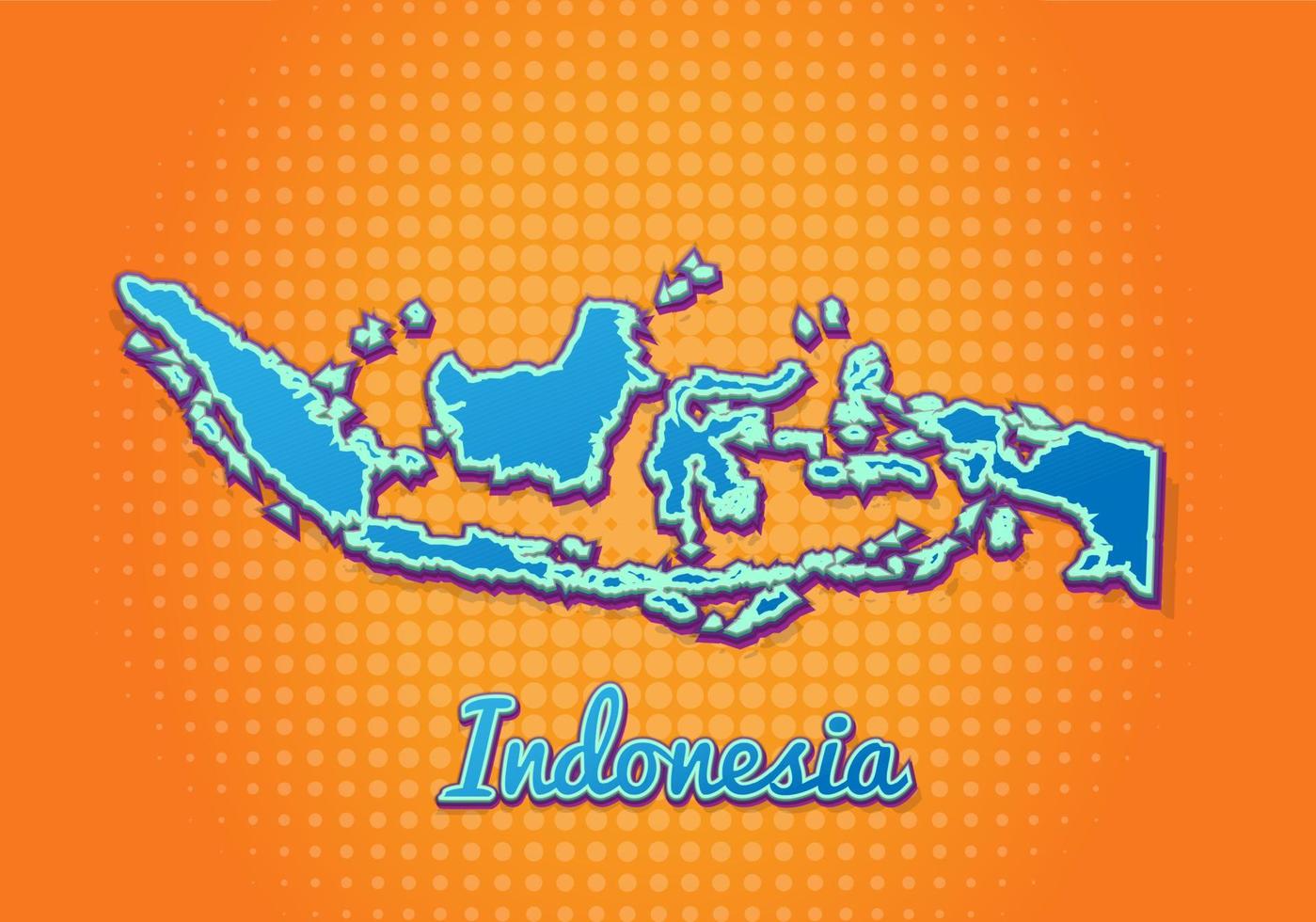 Retro map of Indonesia with halftone background. Cartoon map icon in comic book and pop art style. Cartography business concept. Great for kids design,educational game,magnet or poster design. vector