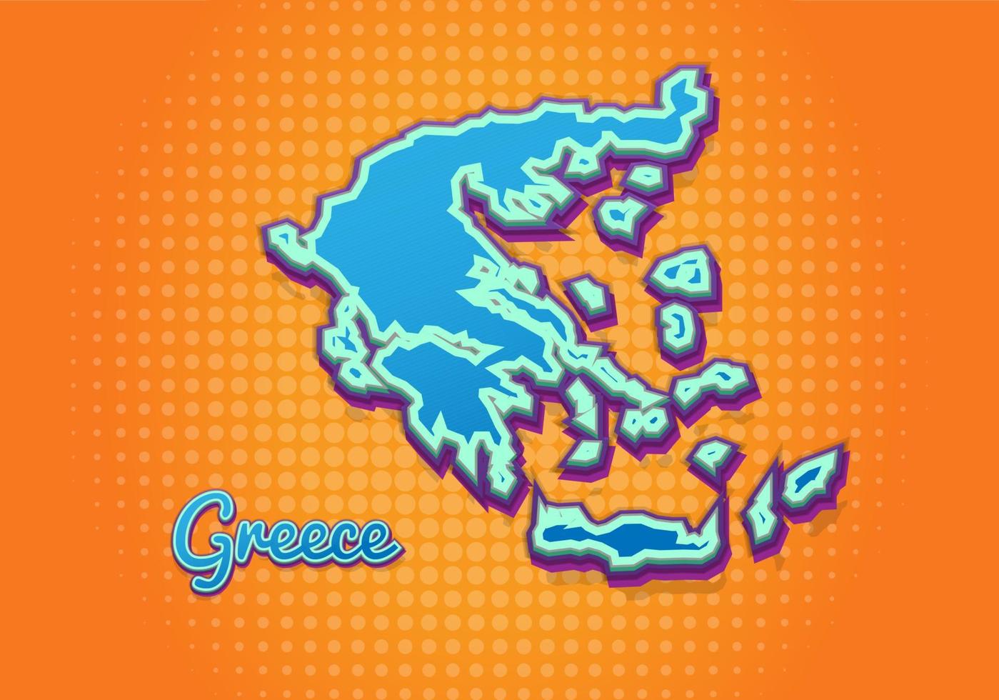 mapa retro de grecia con fondo de medios tonos. icono de mapa de dibujos animados en cómic y estilo pop art. concepto de negocio de cartografía. genial para el diseño de niños, juegos educativos, imanes o diseño de afiches. vector