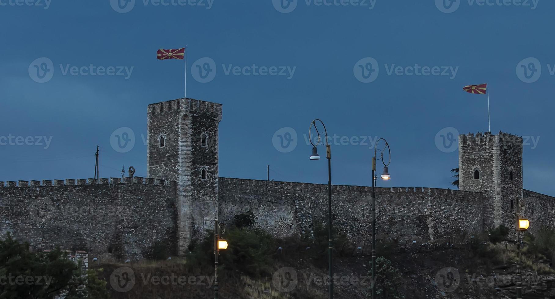 evening city castle Skopje in Macedonia in the evening and street lamp. Selective focus photo