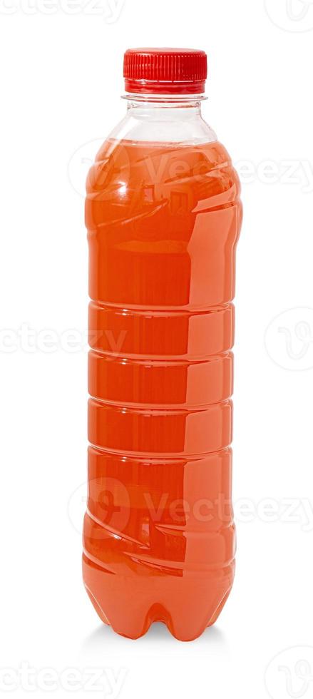 red juice in plastic bottle isolated on white background photo