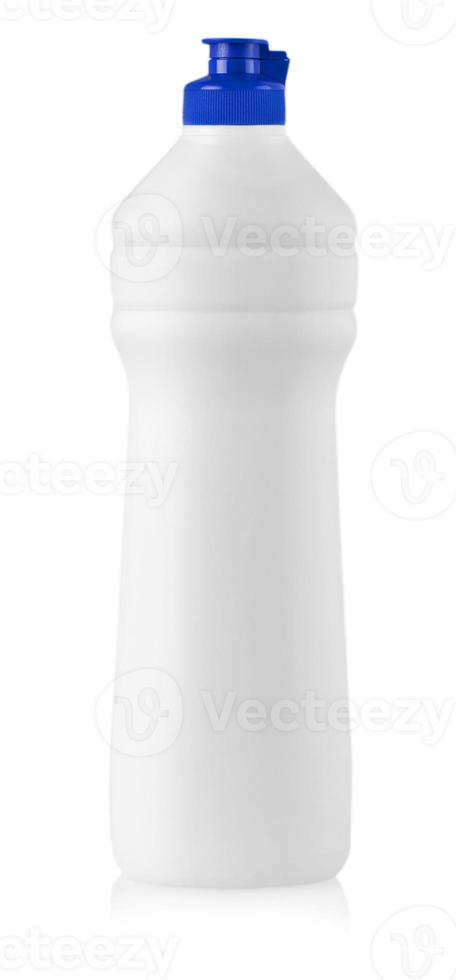 White plastic bottle with liquid laundry detergent, cleaning agent, bleach or fabric softener photo