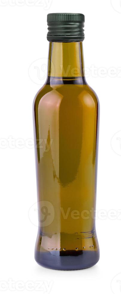 botella marrón con aceite de oliva sobre fondo blanco foto