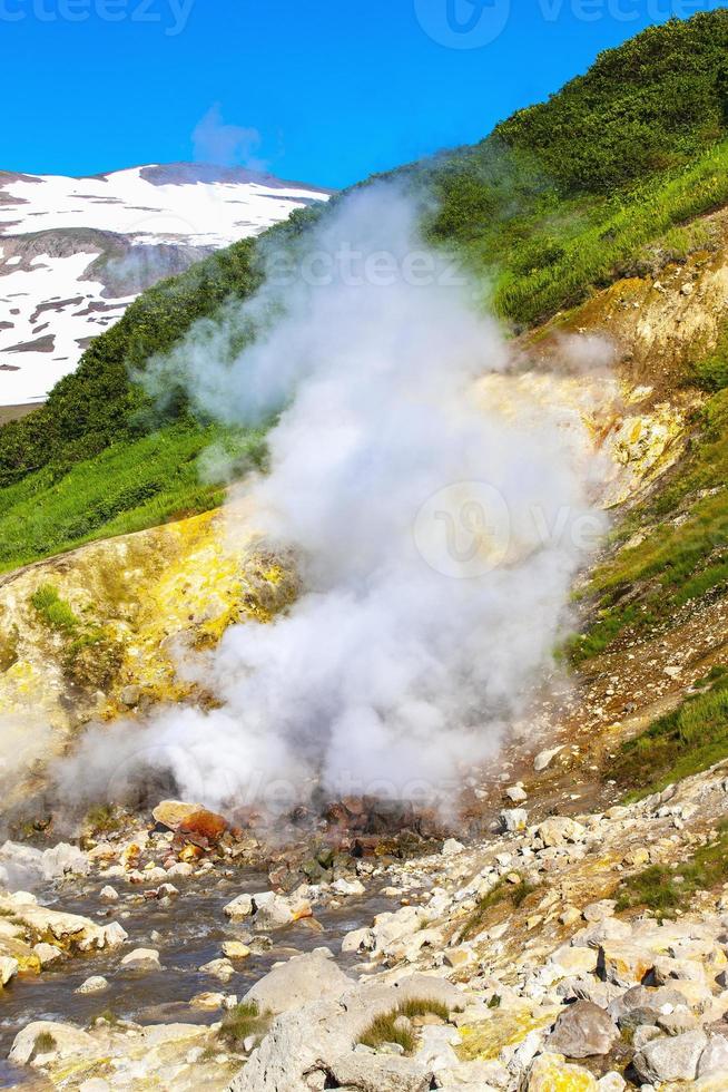 Geyser valley in miniature near Mutnovsky volcano in Kamchatka peninsula, Russia photo