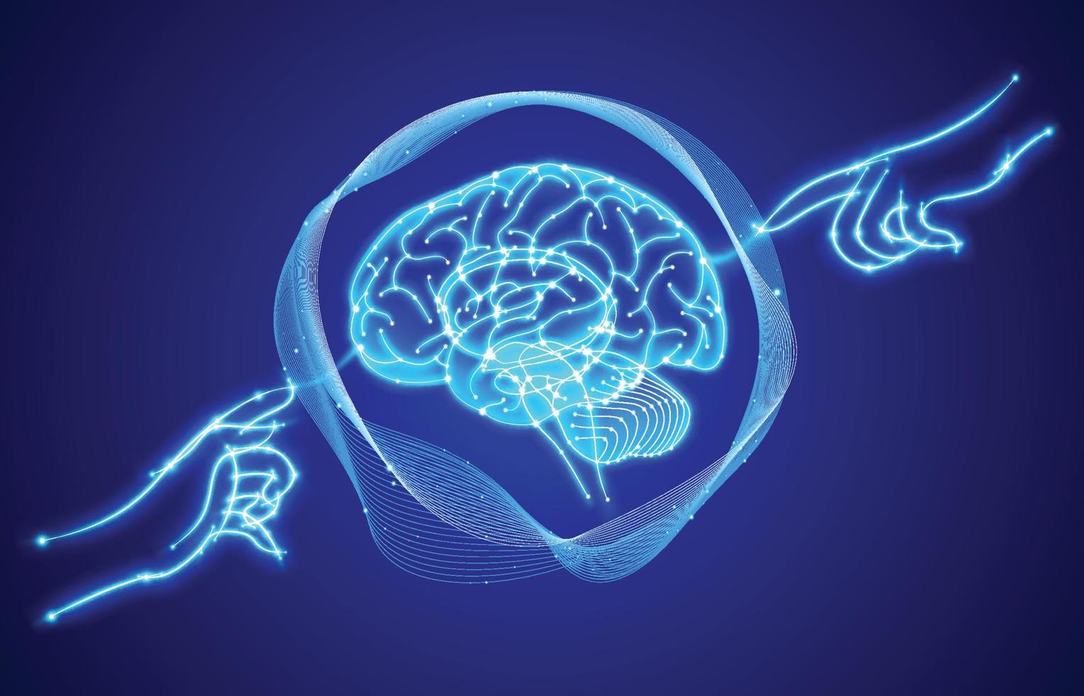 Line illustration of two glowing human hands touching a brain with a finger in the center on a dark blue background. vector