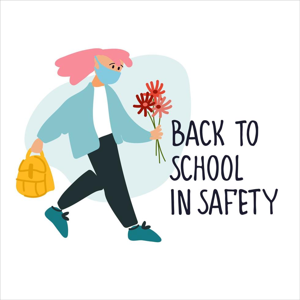 Welcome Back to School banner. Happy schoolchildren vector illustration in flat style design and hand lettering