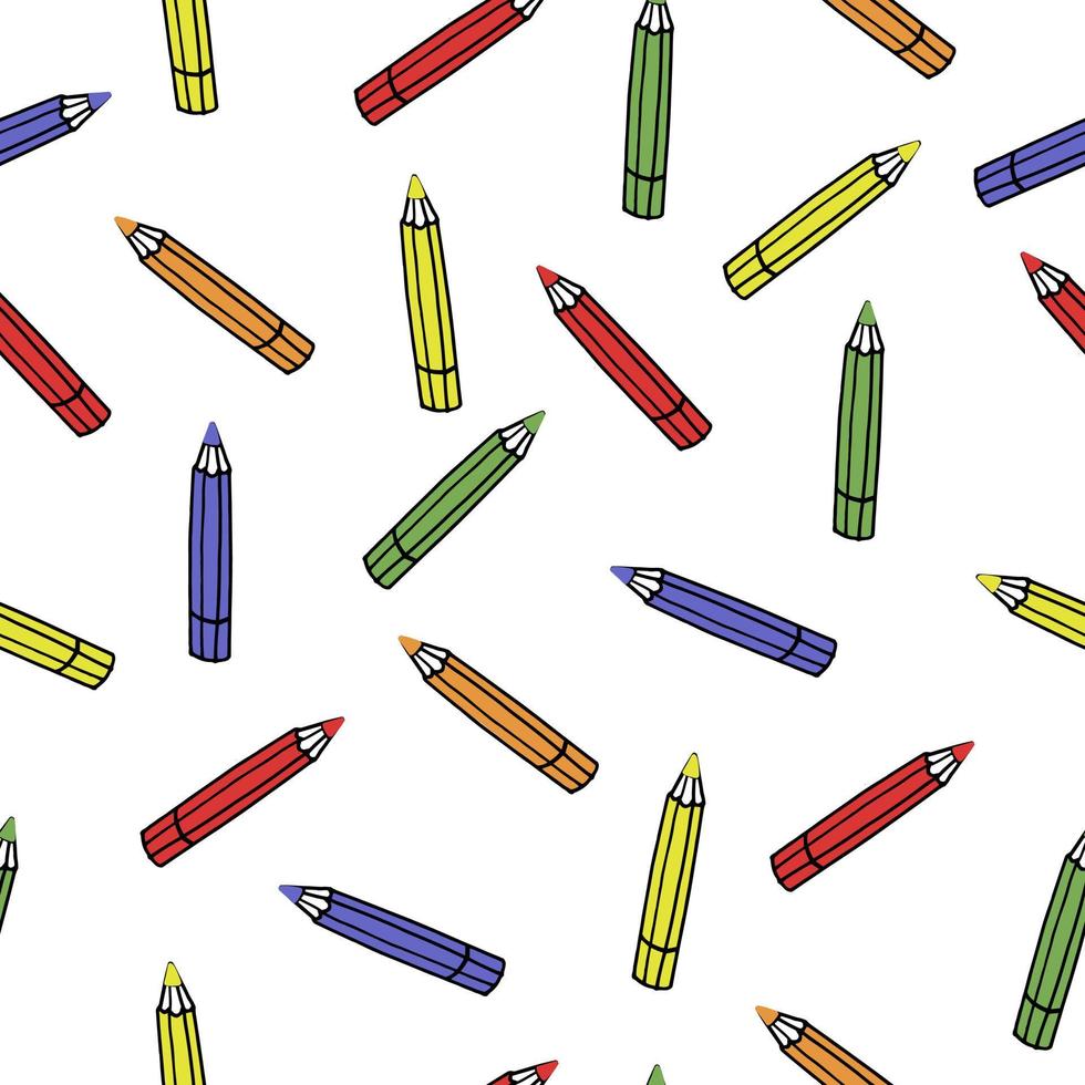 Seamless pattern with colored pencils and school lettering on white background. School and childhood concept vector