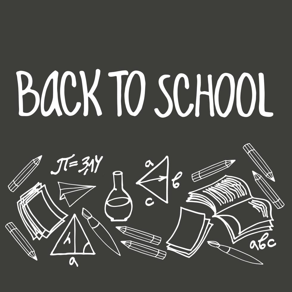 Welcome Back to School vector background, with hand-lettered colorful inscription and colored pencils. Blackboard stylized design. Isolated on black