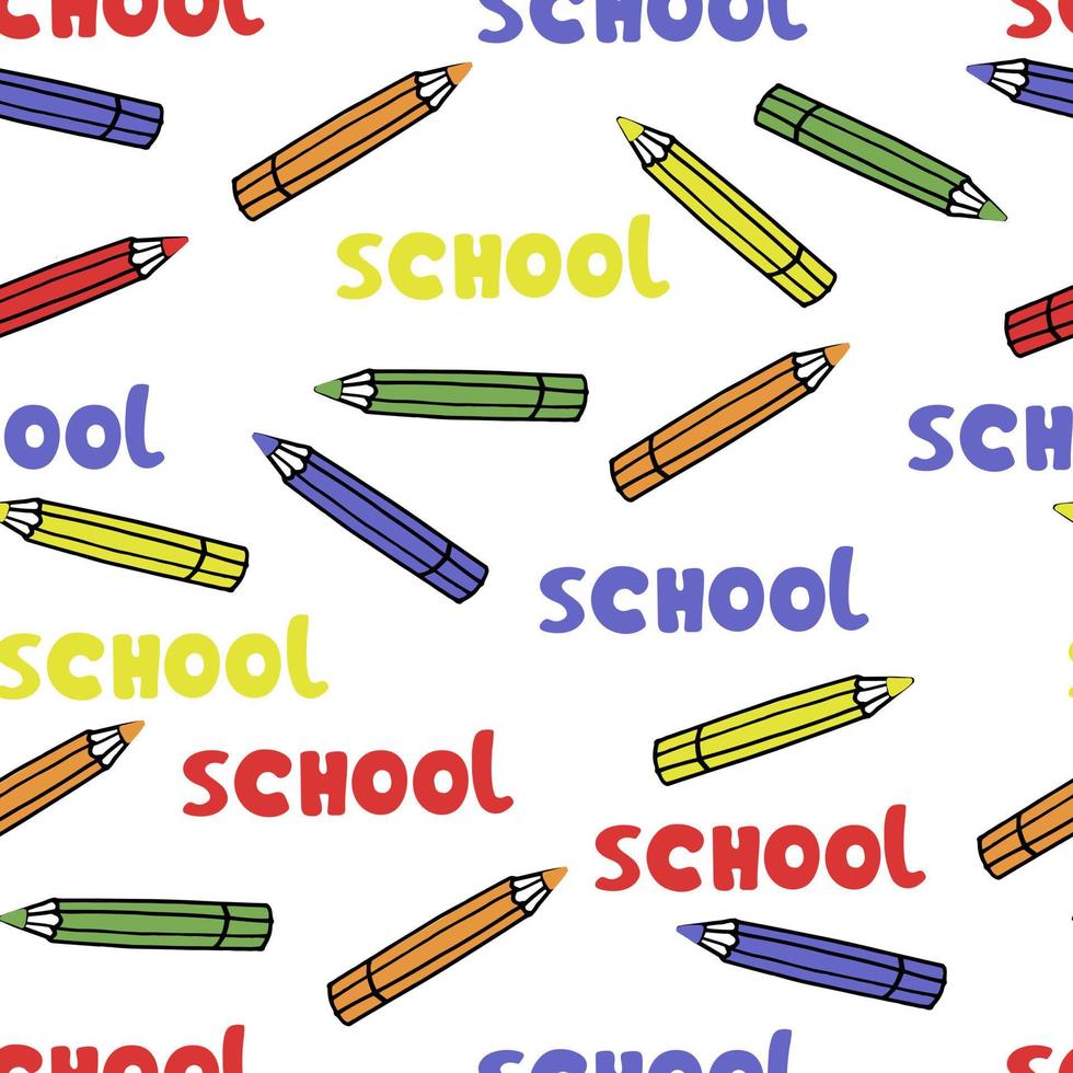 Seamless pattern with colored pencils and school lettering on white background. School and childhood concept vector