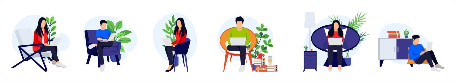 Freelancer character set male and female sitting on sofa armchair doing work on laptop with houseplant isolated vector