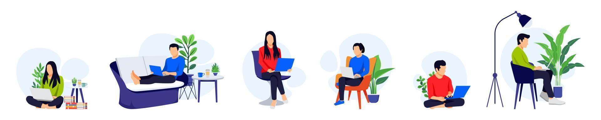 Freelance character set male and female sitting on sofa armchair doing work on laptop with different pose isolated vector