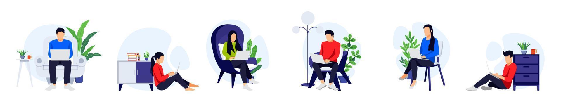 Freelancer character set male and female sitting on sofa armchair doing work on laptop with houseplant and with different pose vector