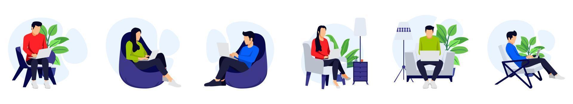 Freelancer character set male and female sitting on sofa armchair doing work on laptop with houseplant and with different pose and position isolated on white background vector