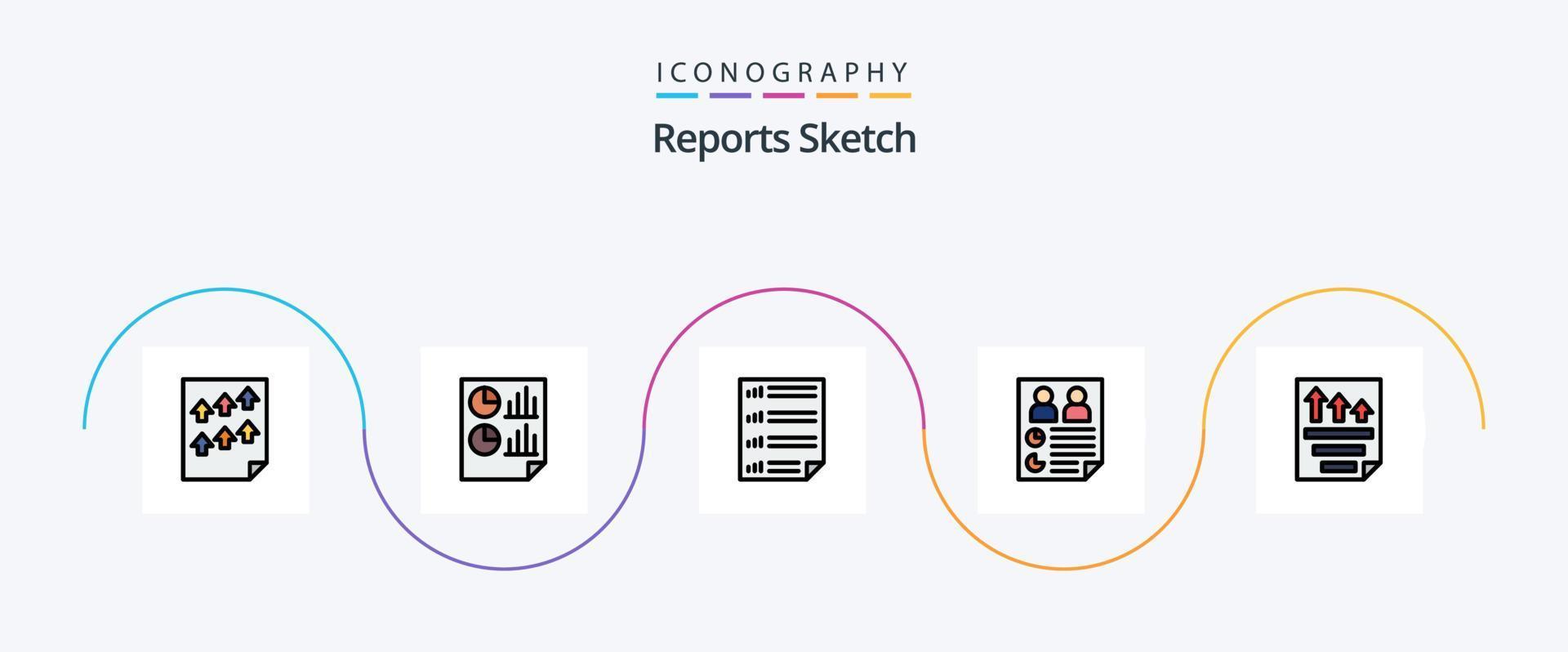 Reports Sketch Line Filled Flat 5 Icon Pack Including paper. data. page. page. document vector