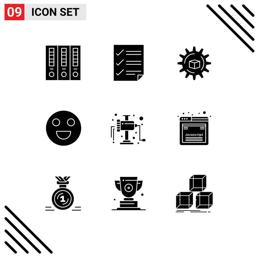 9 User Interface Solid Glyph Pack of modern Signs and Symbols of manual happy report face scince Editable Vector Design Elements