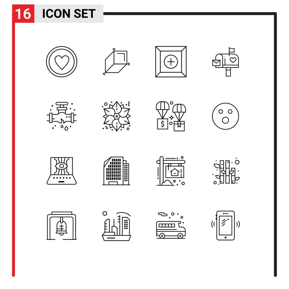 User Interface Pack of 16 Basic Outlines of plumber leak new letter box love Editable Vector Design Elements
