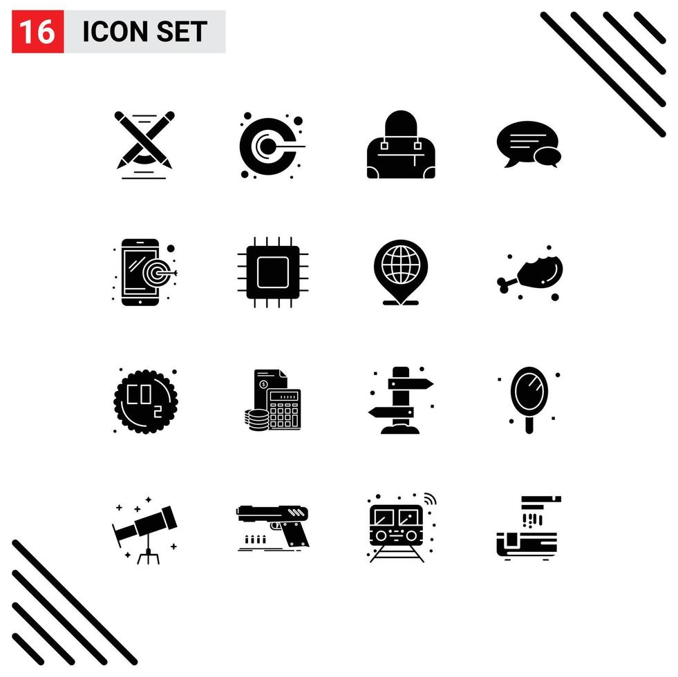 Set of 16 Commercial Solid Glyphs pack for chip digital marketing bag dartboard message Editable Vector Design Elements