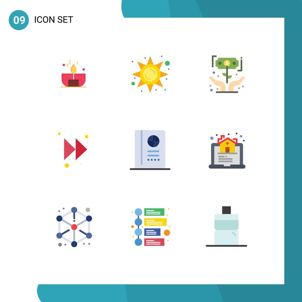 Universal Icon Symbols Group of 9 Modern Flat Colors of passport forward sun light arrow investor Editable Vector Design Elements