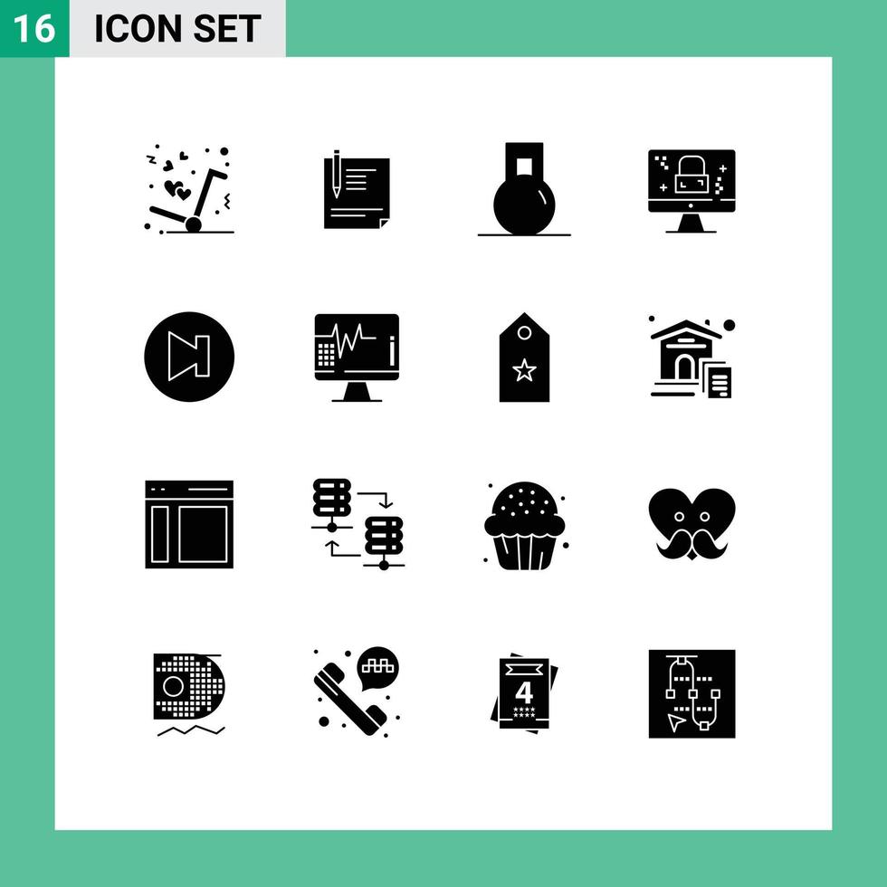 User Interface Pack of 16 Basic Solid Glyphs of screen dmca protection paper weight gym Editable Vector Design Elements