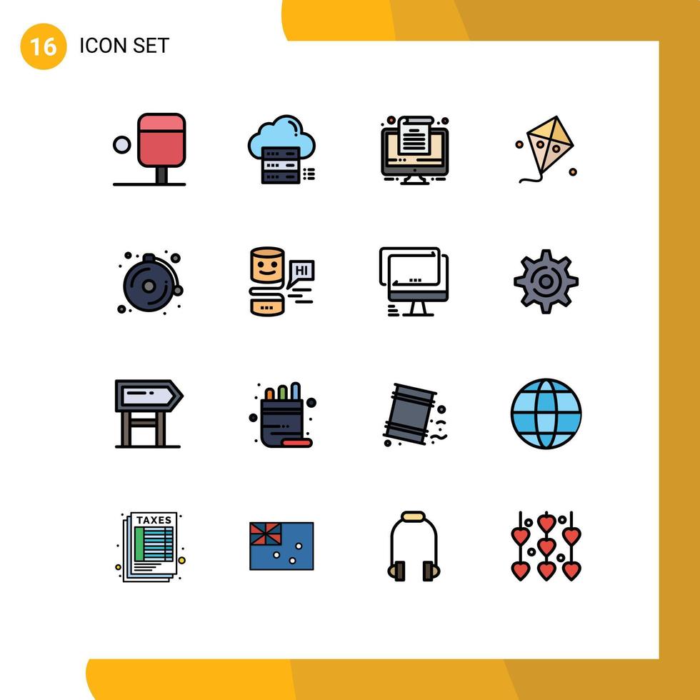 Group of 16 Modern Flat Color Filled Lines Set for conversational interfaces bell document alarm kite Editable Creative Vector Design Elements