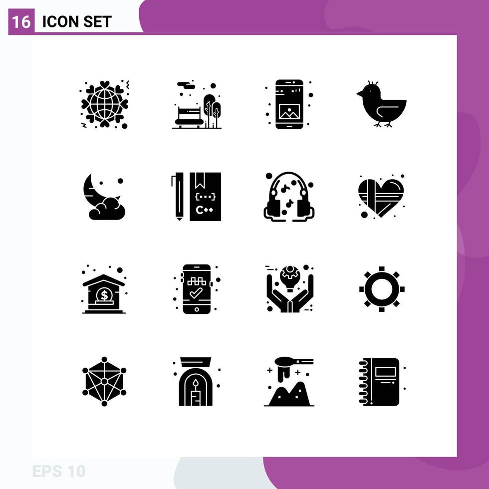 Group of 16 Solid Glyphs Signs and Symbols for moon swan public goose mobile Editable Vector Design Elements