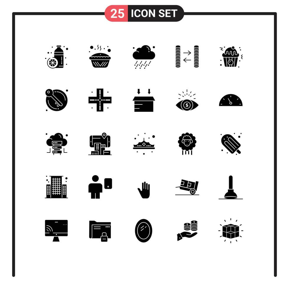 Group of 25 Solid Glyphs Signs and Symbols for cupcake exchange pie cash weather Editable Vector Design Elements