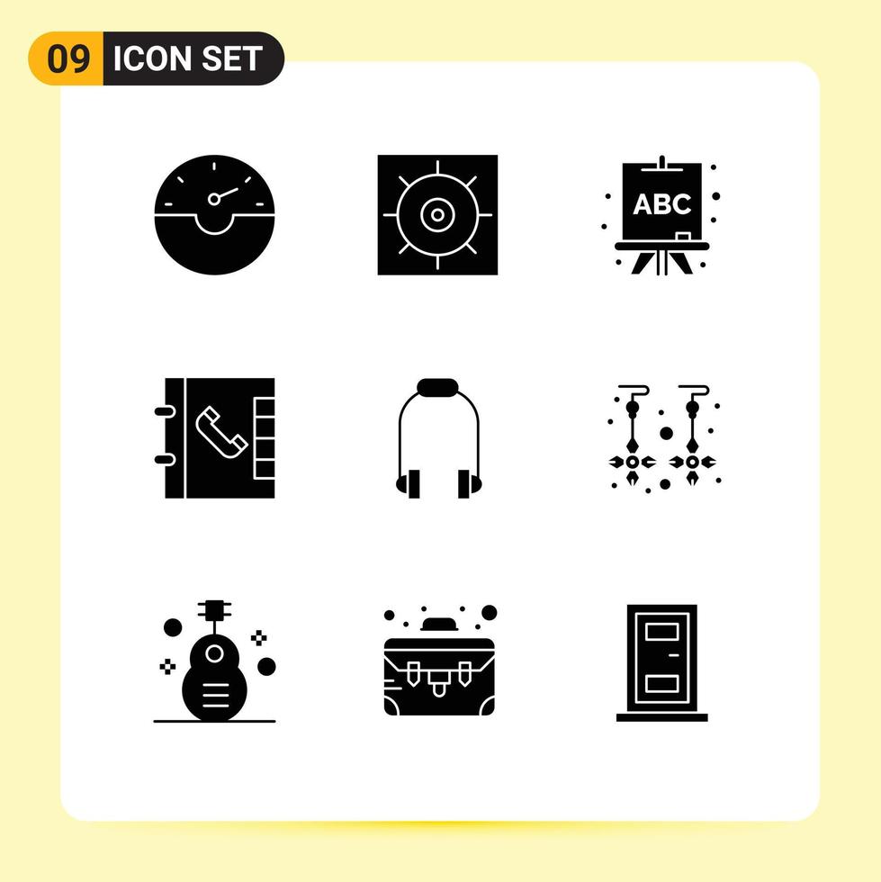 User Interface Pack of 9 Basic Solid Glyphs of jewelry drop learning music earphone Editable Vector Design Elements