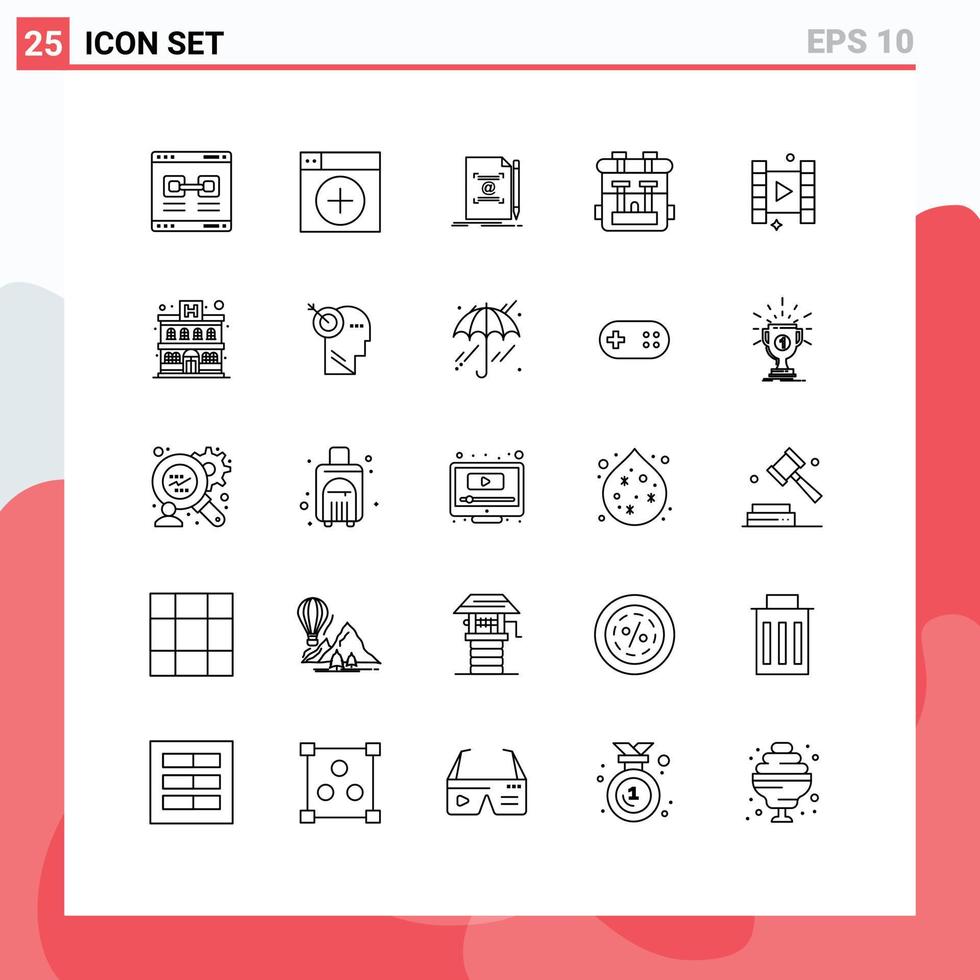 Mobile Interface Line Set of 25 Pictograms of hobbies back pack graphics create text Editable Vector Design Elements