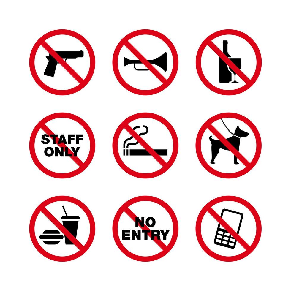 conjunto de vectores de signos de prohibición. adecuado para elementos de diseño de señales y reglamentos de seguridad laboral en lugares públicos.