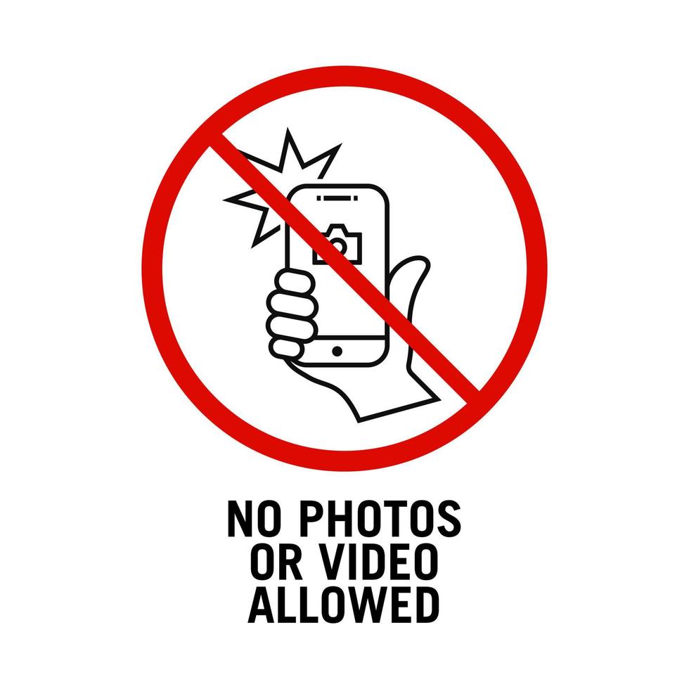 no se permiten fotos ni videos vector de señal. está prohibido tomar una foto aquí. un cartel que prohíbe o restringe la toma de fotografías plantilla vectorial.