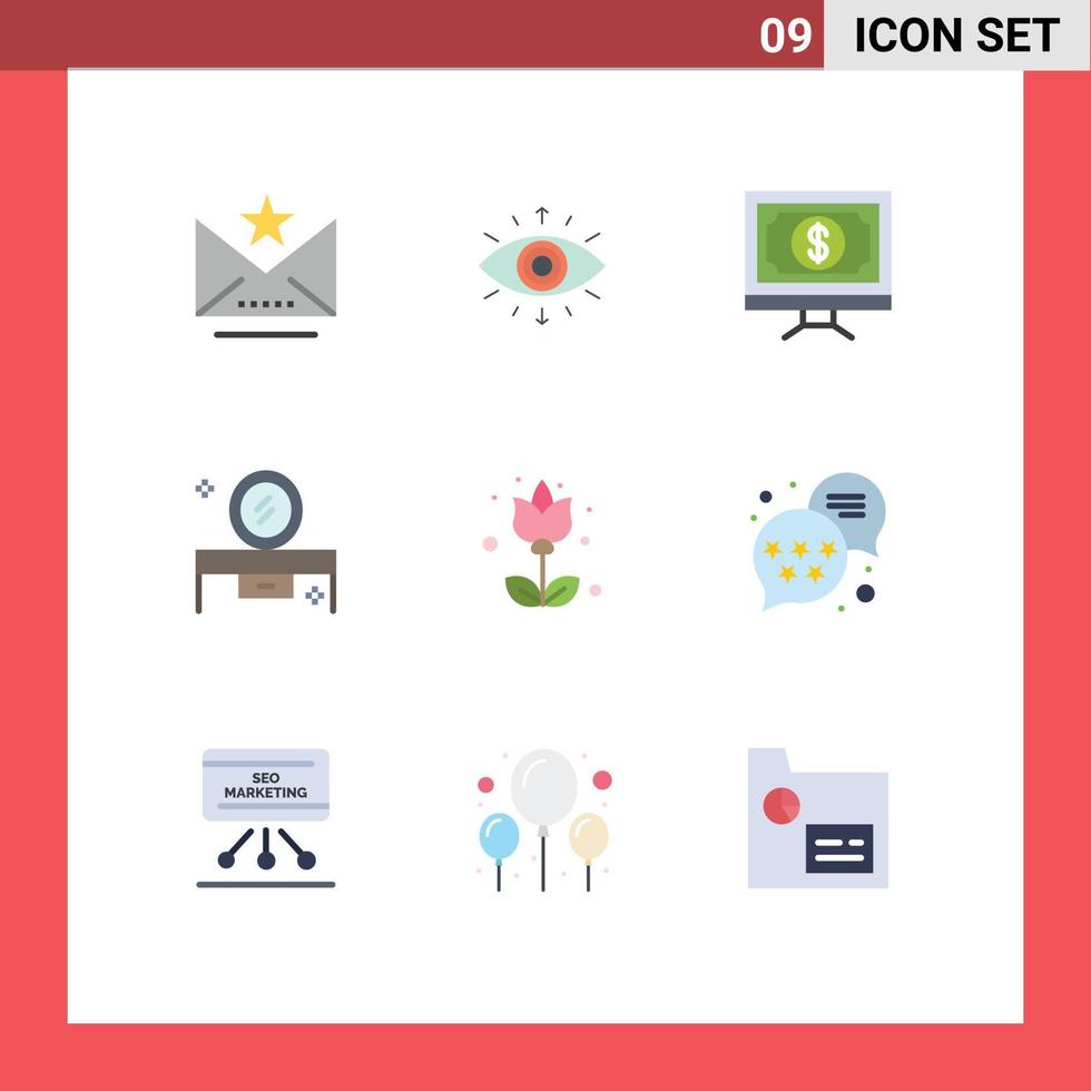Pictogram Set of 9 Simple Flat Colors of mirror table dressing table bank beauty table pay Editable Vector Design Elements