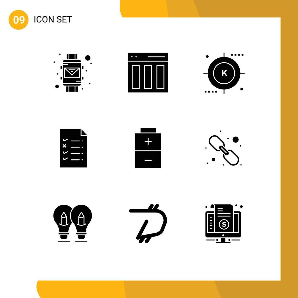 Modern Set of 9 Solid Glyphs and symbols such as battery file user document optimization Editable Vector Design Elements
