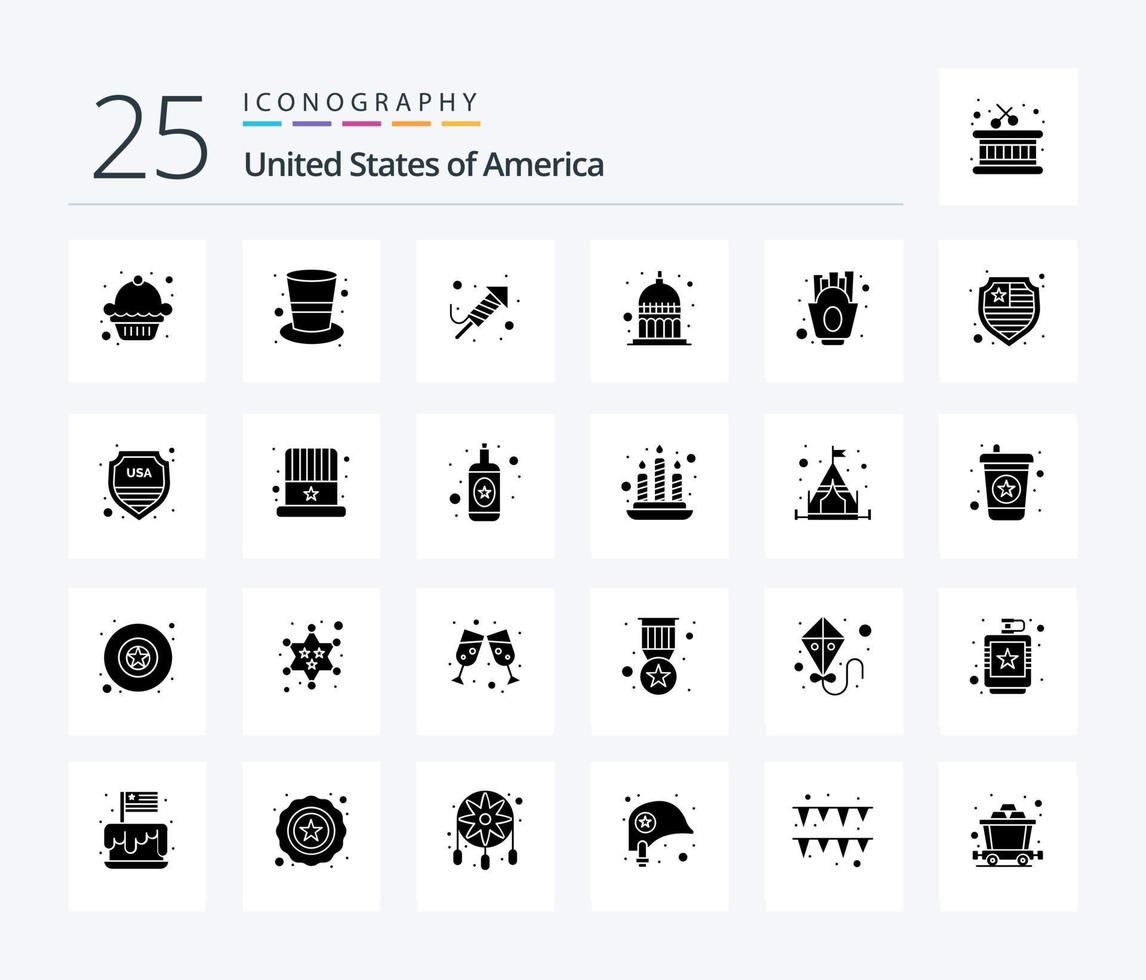 Usa 25 Solid Glyph icon pack including fries. chips. religion. usa. indianapolis vector