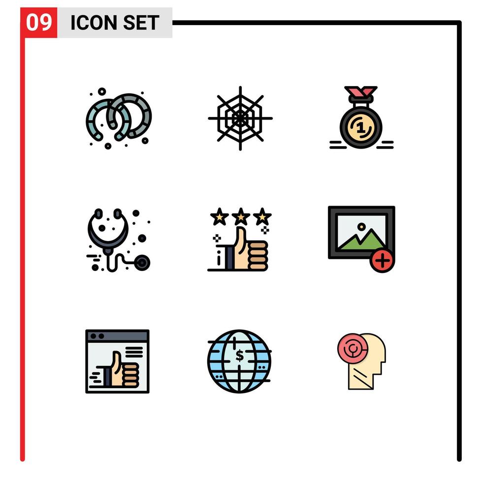 9 colores planos universales de línea de relleno establecidos para aplicaciones web y móviles, como elementos de diseño de vectores editables de salud del primer estetoscopio