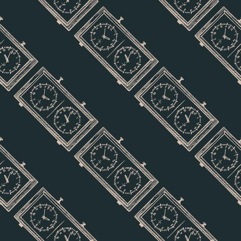 Chess clock engraved seamless pattern. Retro watch for chess game in hand drawn style. Sketch texture for fabric, wallpaper, textile, print, title, wrapping paper. Vector illustration.