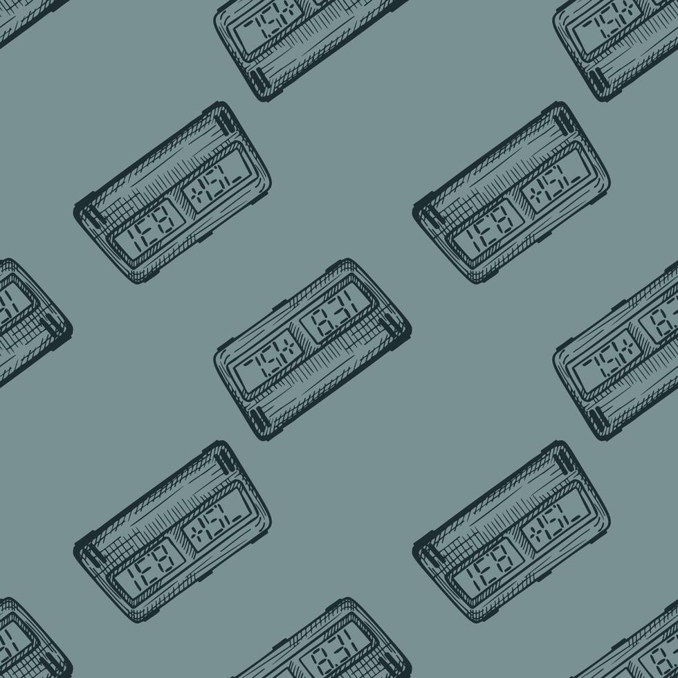 Chess clock electric engraved seamless pattern. Retro watch for chess game in hand drawn style. Sketch texture for fabric, wallpaper, textile, print, title, wrapping paper. Vector illustration.