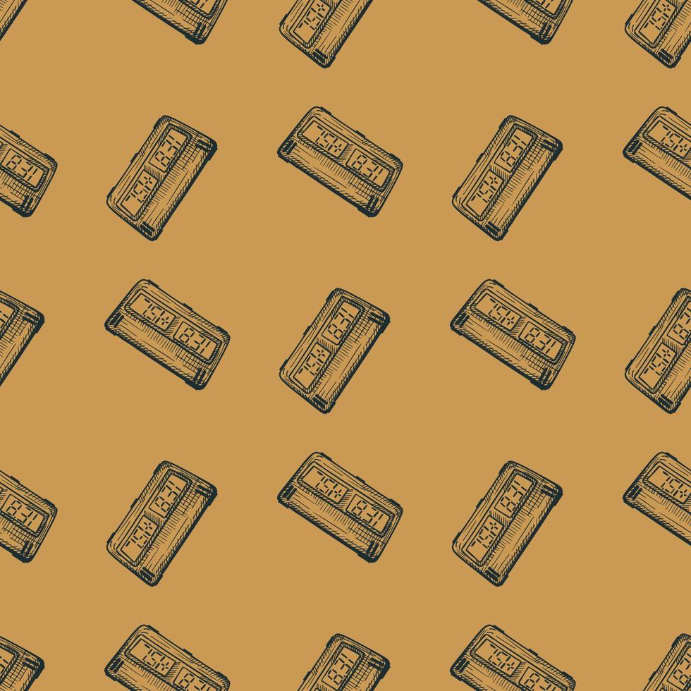 Chess clock electric engraved seamless pattern. Retro watch for chess game in hand drawn style. Sketch texture for fabric, wallpaper, textile, print, title, wrapping paper. Vector illustration.