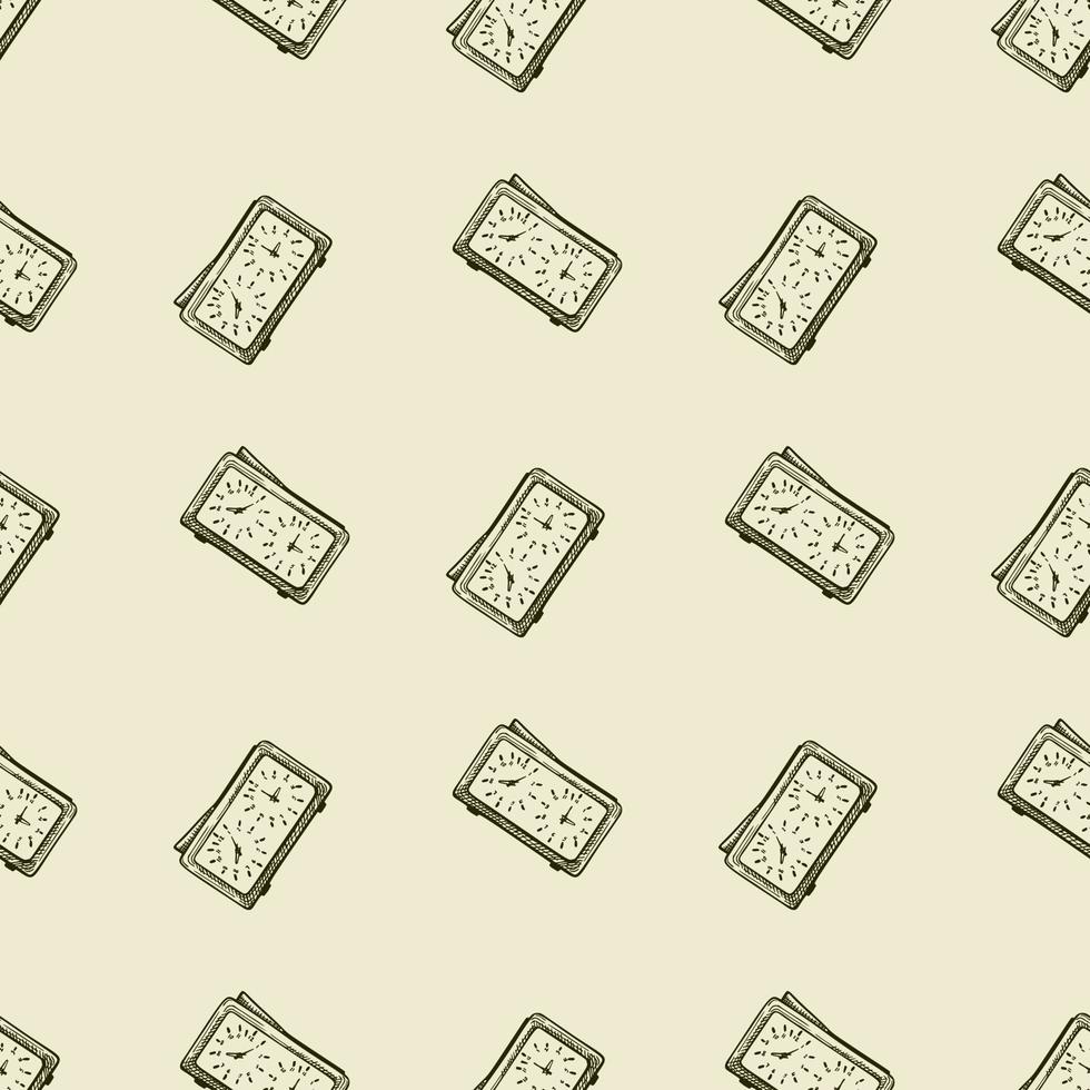 Chess clock engraved seamless pattern. Retro watch for chess game in hand drawn style. Sketch texture for fabric, wallpaper, textile, print, title, wrapping paper. Vector illustration.